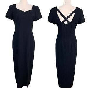 Vintage Liz Claiborne Dress Formal 8 Maxi Black Short Sleeve Lined New